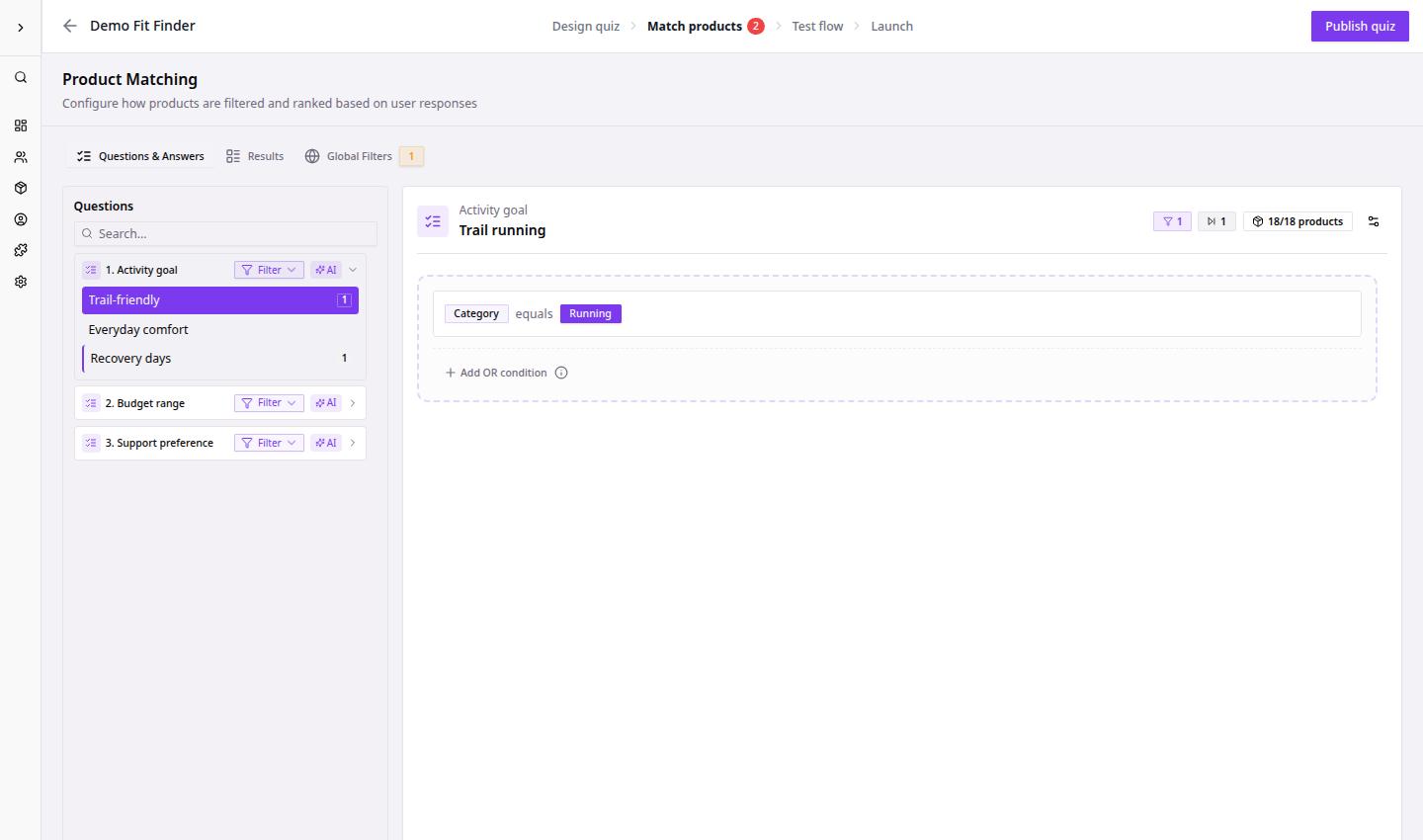 Answer filter workspace with a selected answer and product filter rule.