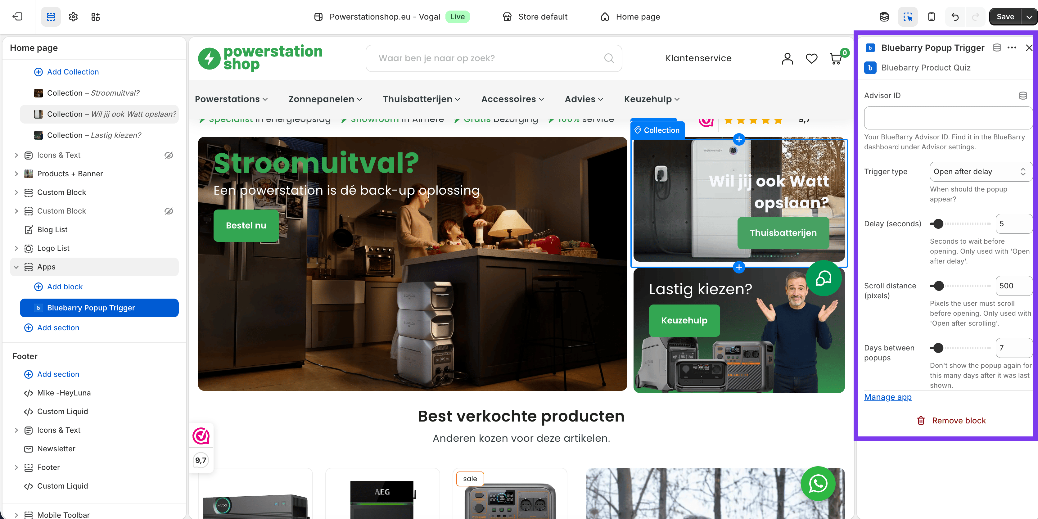 Instellingen van het blok Bluebarry Popup Trigger met Advisor ID, Trigger type, Delay, Scroll distance en Days between popups