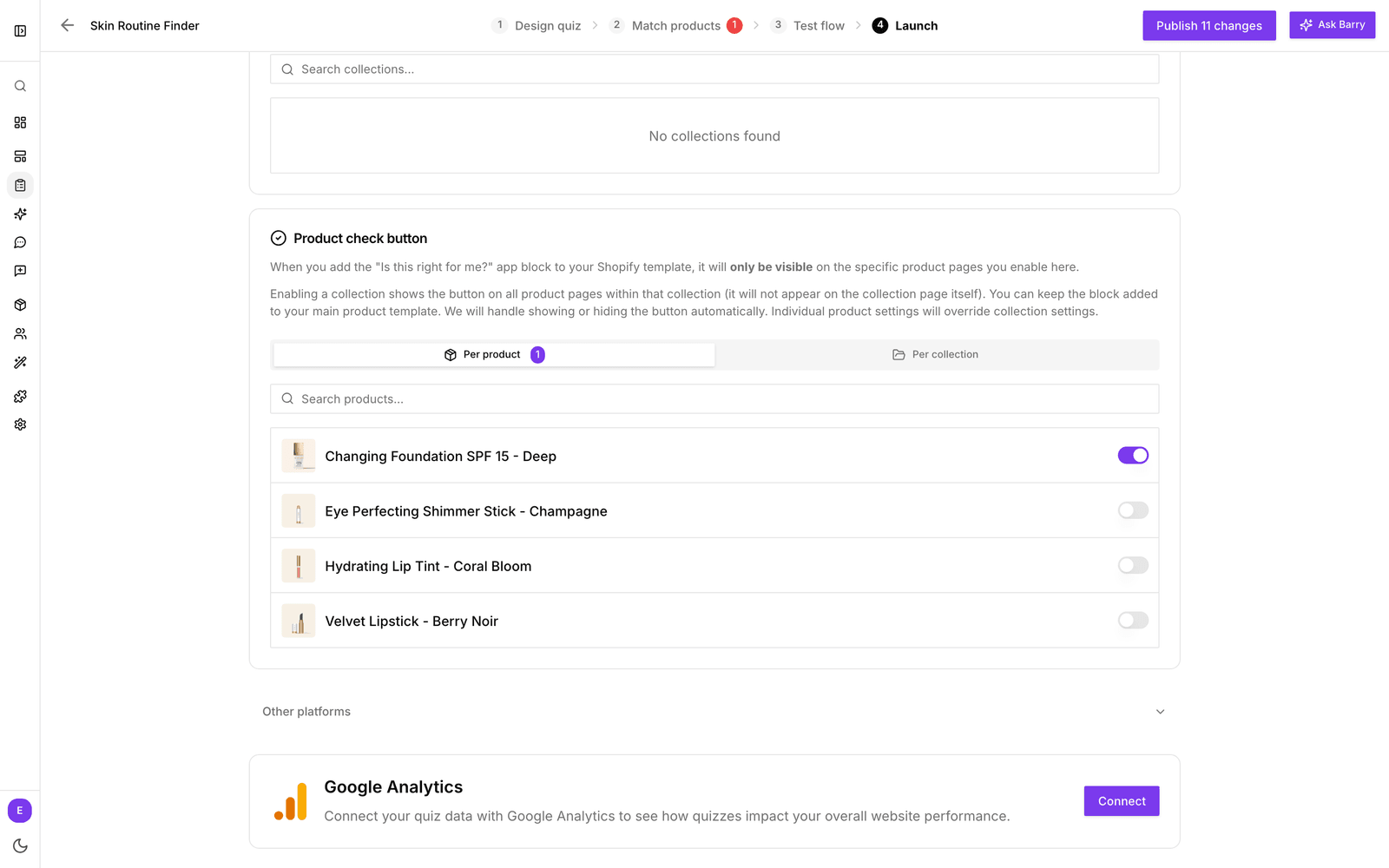 Het tabblad Launch met het onderdeel Product check button, de tabbladen Per product en Per collection en schakelaars per product