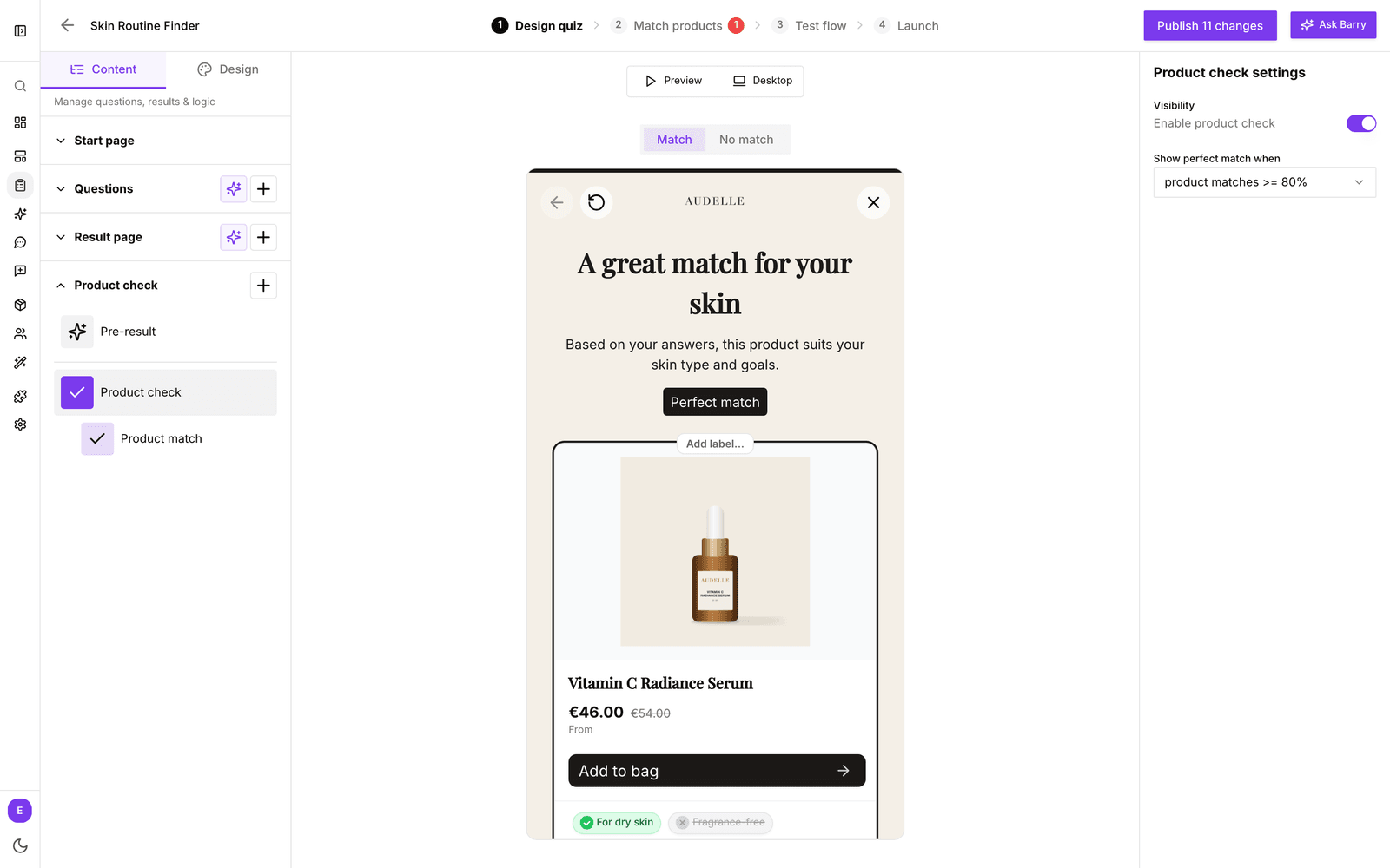 De instellingen van Product check in de quizeditor met Enable product check en Show perfect match when