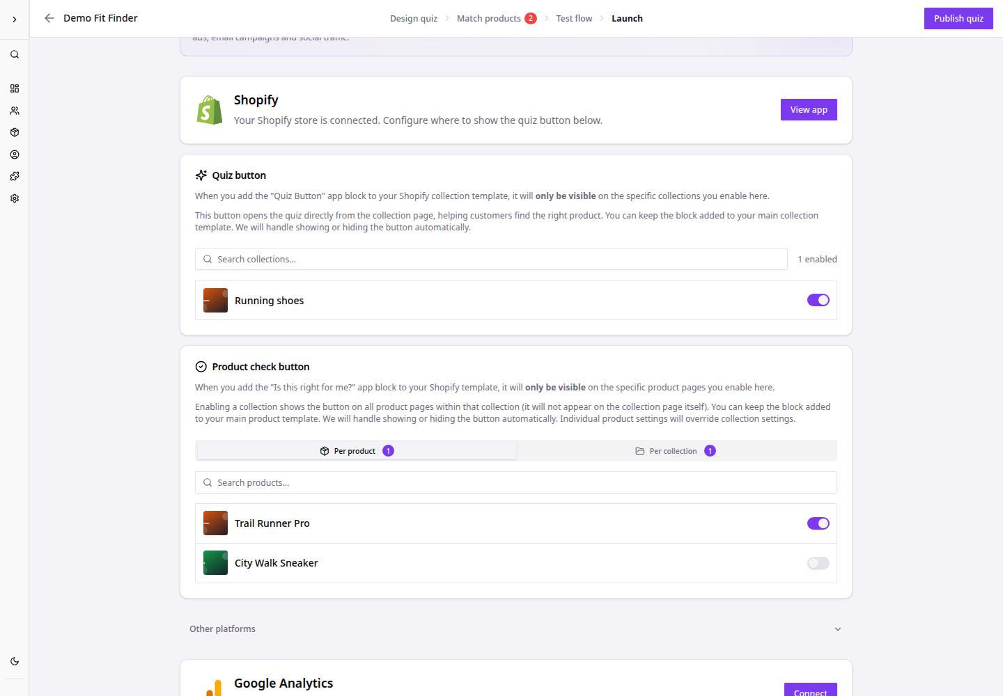 Product check button settings with per-product and per-collection options.