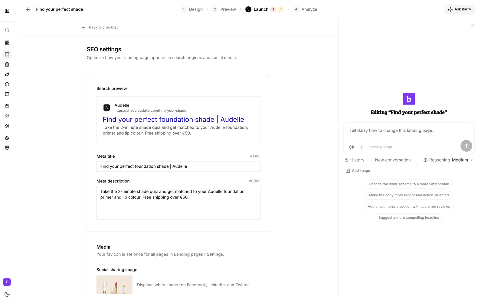 SEO settings met de zoekvoorbeeldweergave, meta title, meta description en afbeelding voor social media.