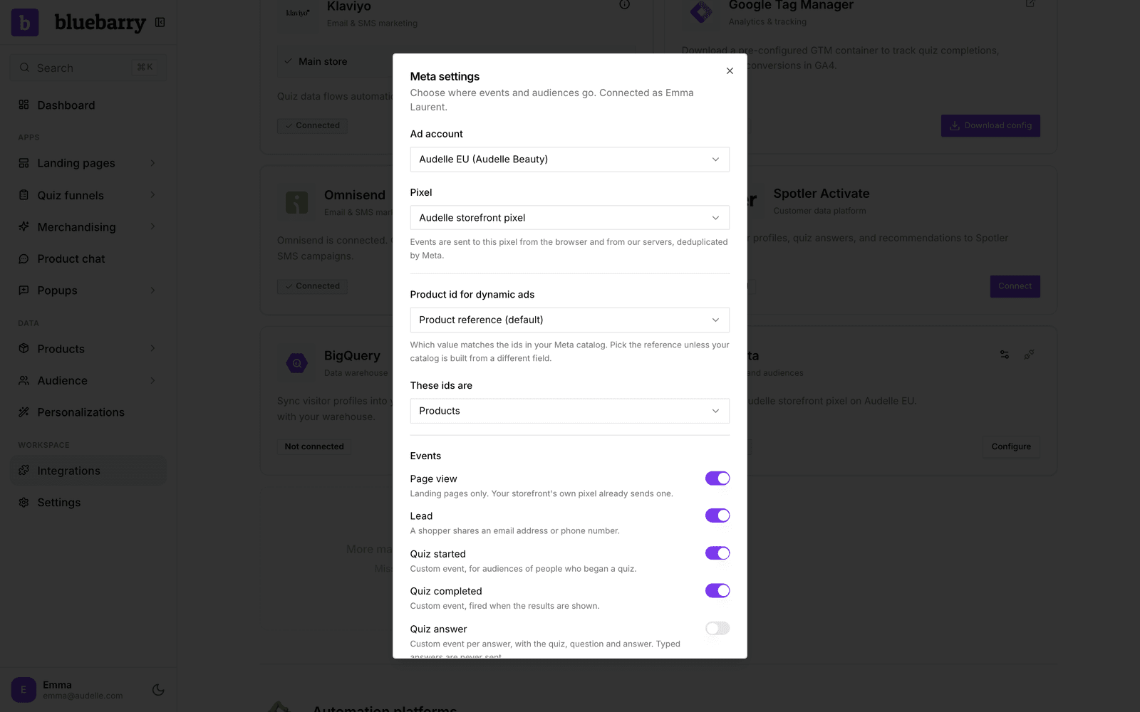 The Meta settings window with the ad account, pixel, product id for dynamic ads and the event switches.