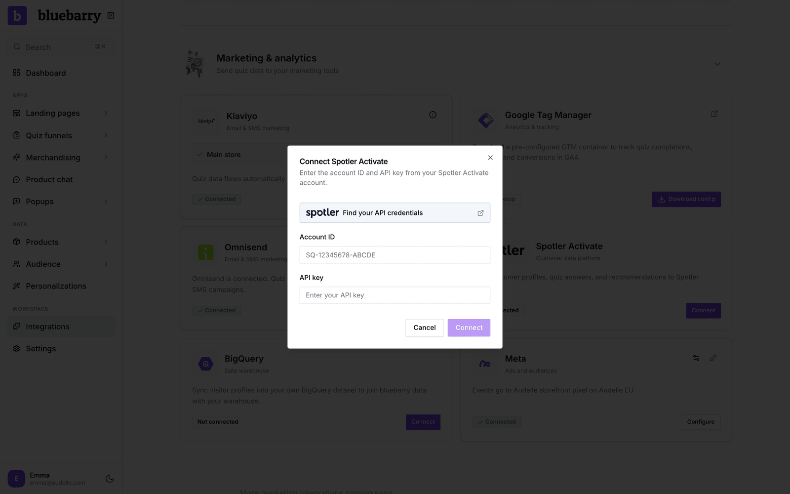 Das Fenster Connect Spotler Activate mit dem Link Find your API credentials und den Feldern Account ID und API key.