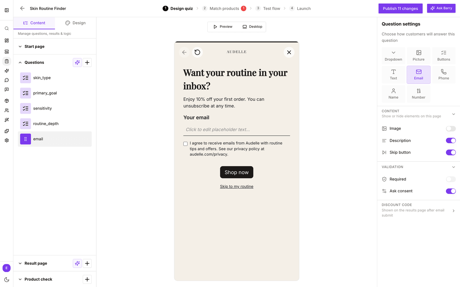 Quizeditor met een Email-vraag geselecteerd, Ask consent aangezet onder Validation en het toestemmingsvakje in de preview