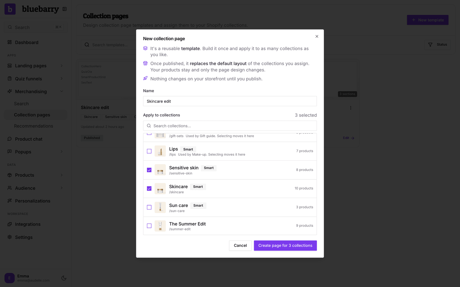 Der Dialog New collection page mit ausgefülltem Namen und drei angehakten Kollektionen