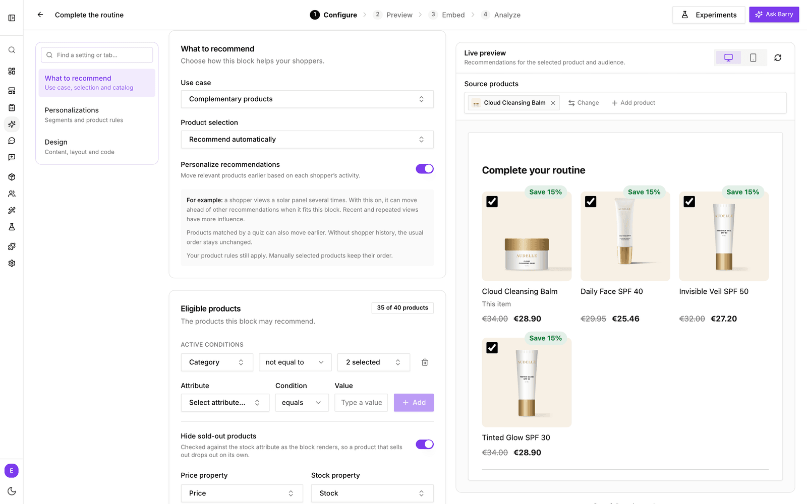 The What to recommend section with Use case set to Complementary products, Product selection set to Recommend automatically, and the Personalize recommendations switch on