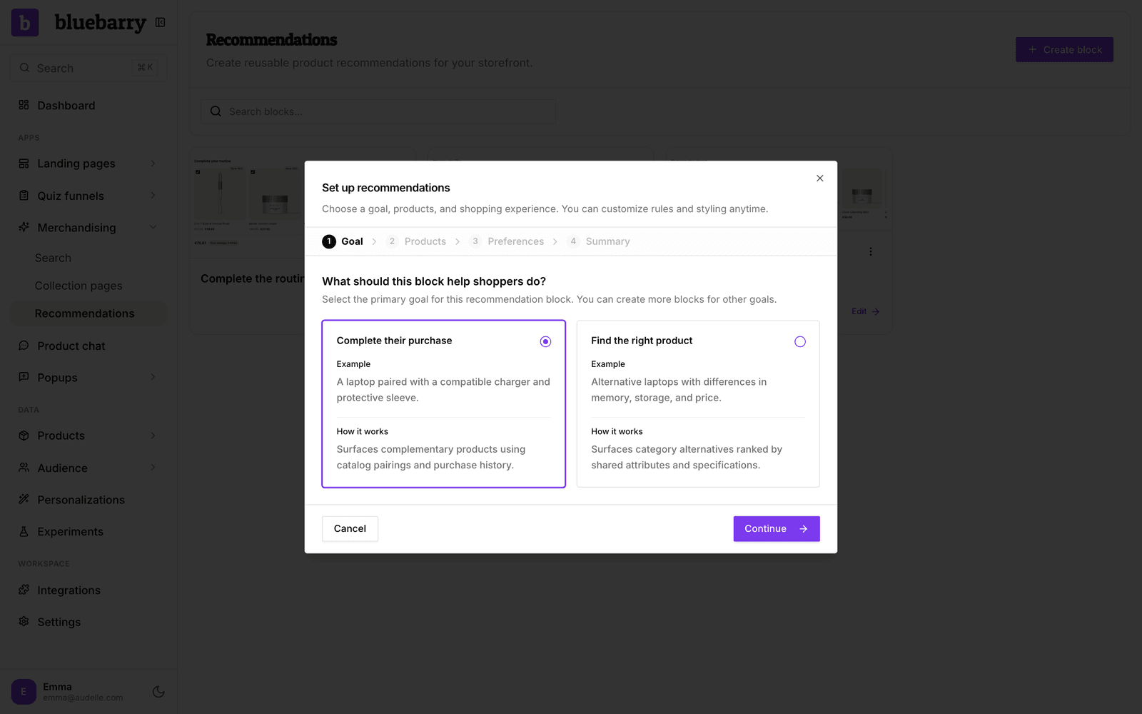 The Set up recommendations dialog on the Goal step, with the choices Complete their purchase and Find the right product