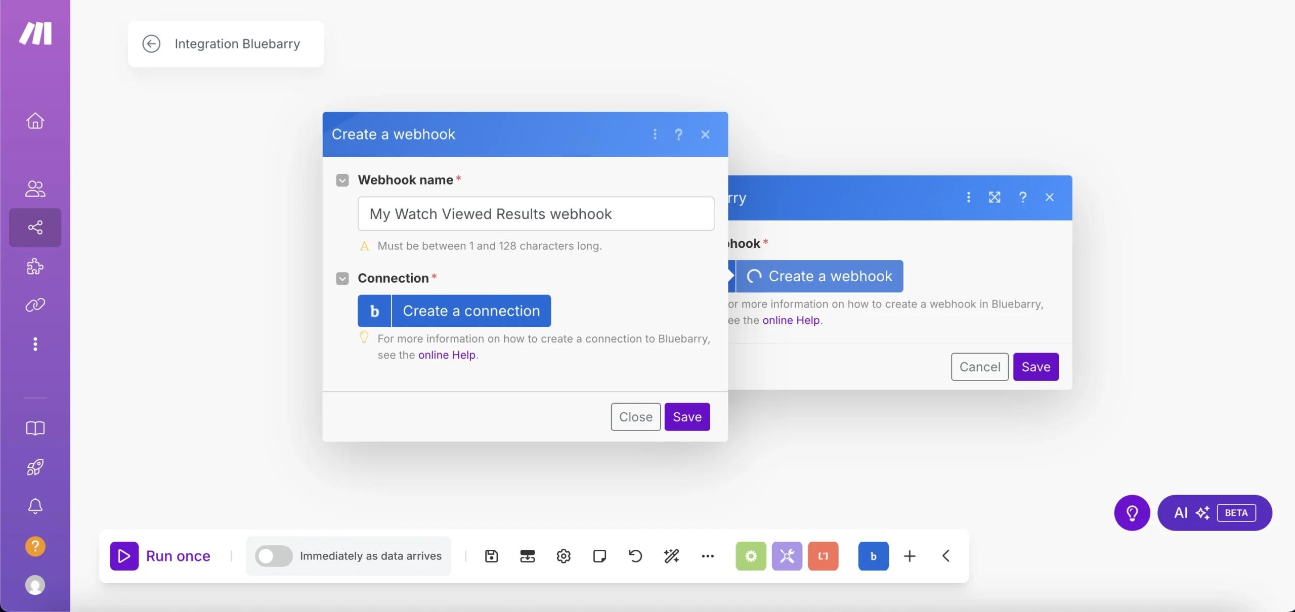 Make-scenario met het dialoogvenster Create a webhook en de knop Create a connection voor bluebarry