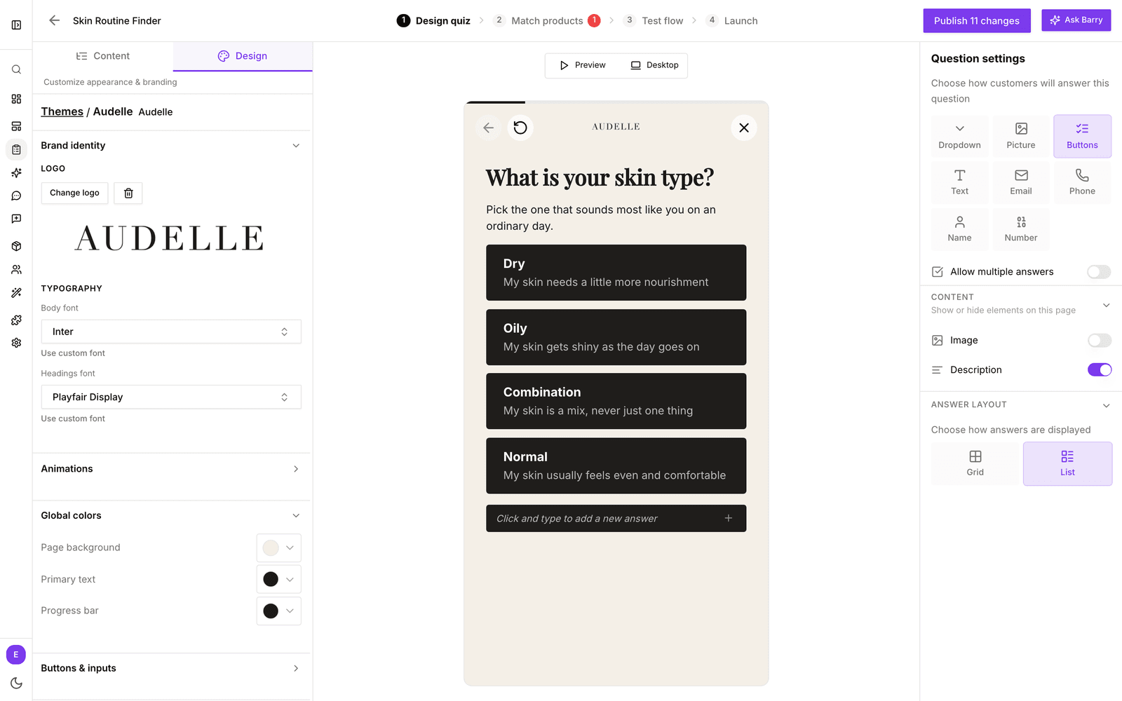 Het tabblad Design van de quizeditor met een geopend thema, met Brand identity, Global colors en de quizpreview