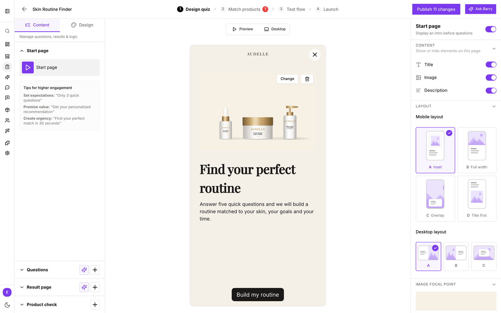 De startpagina geopend in de quizeditor, met de preview in het midden en de instellingen van Start page rechts