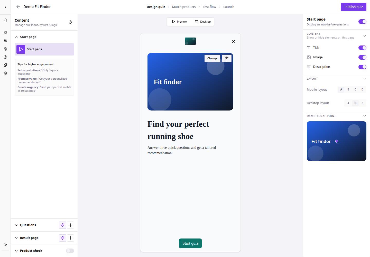 Start page editor with preview and settings for title, image, and description.