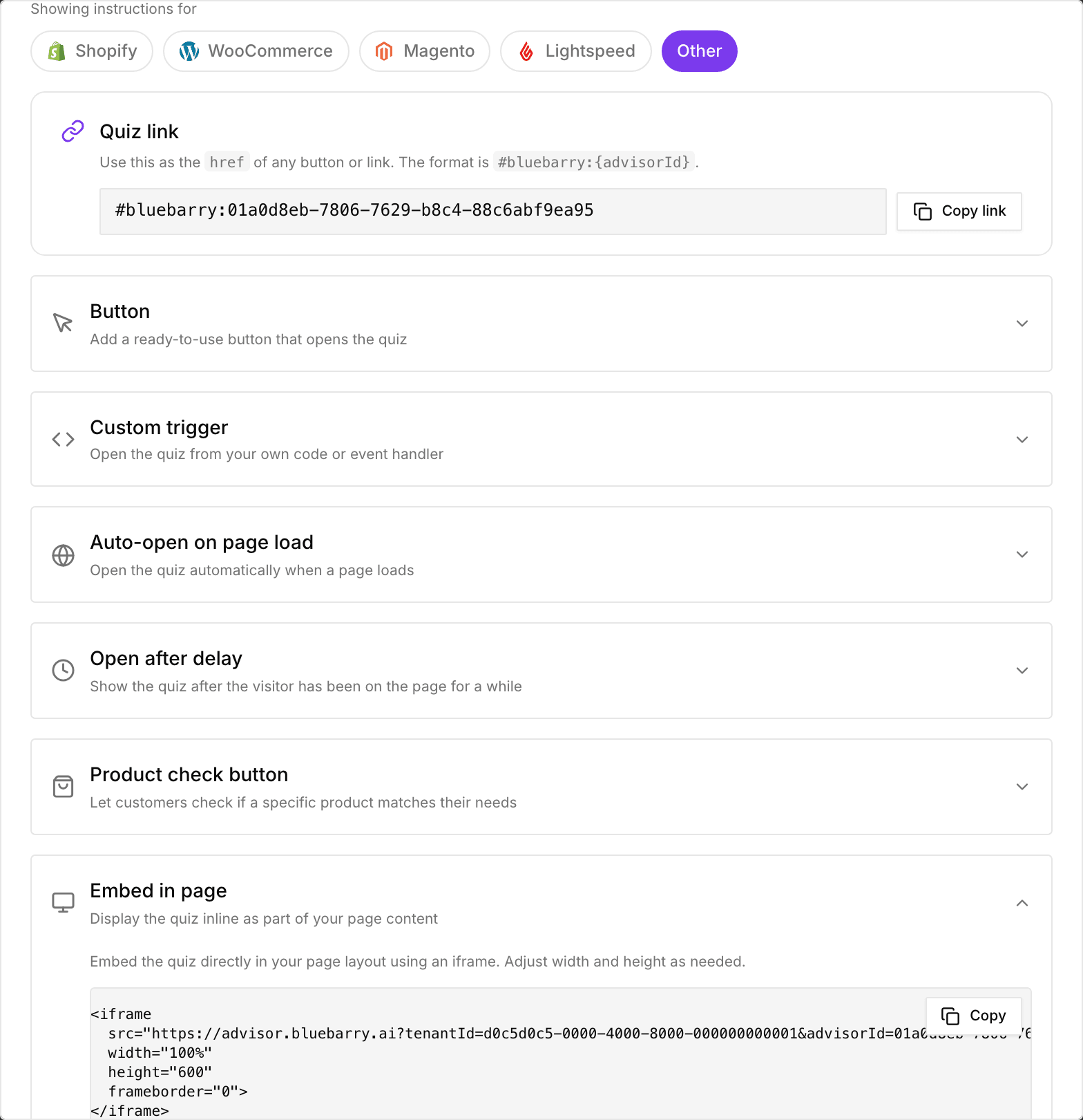 Het onderdeel Embed in page op de Implementation-tab met de iframe-code en een knop Copy