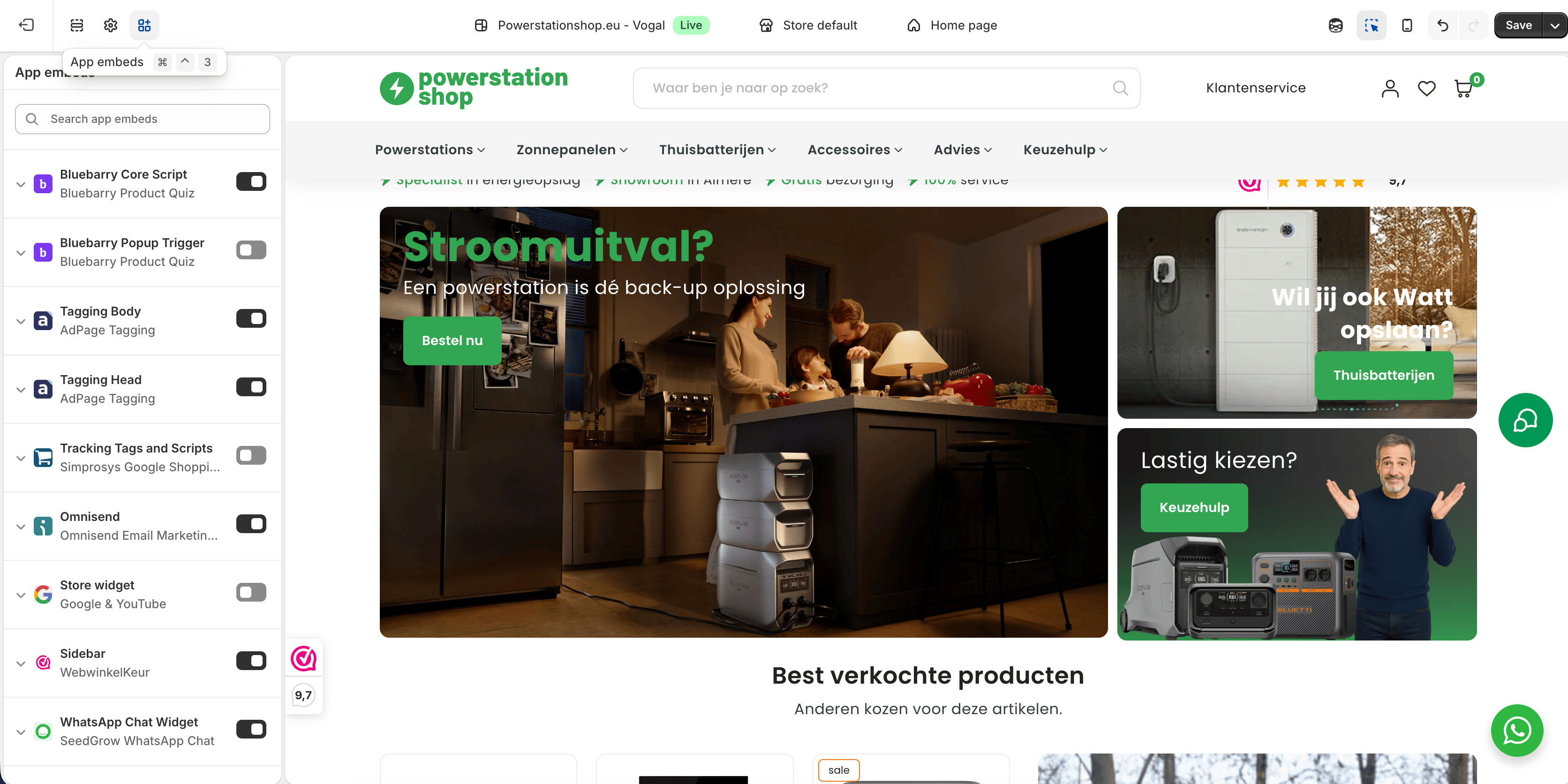 Shopify-thema-editor met App embeds geopend en Bluebarry Core Script aangezet