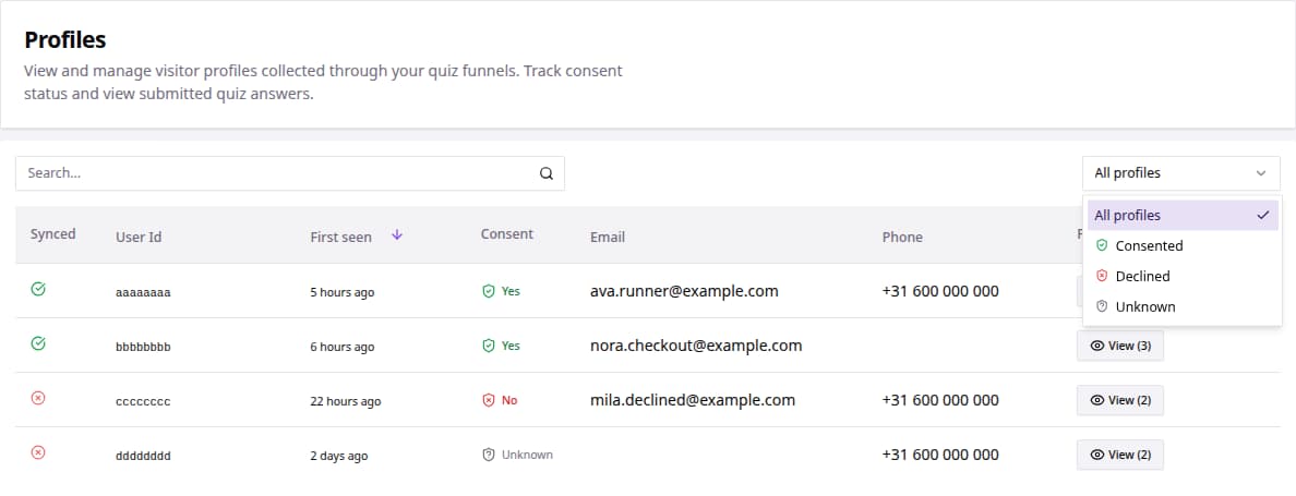 Profiles page with consent filters and profile review controls.