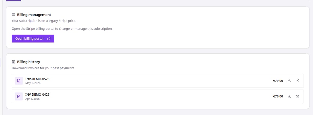 Billing settings showing billing portal and invoice history.