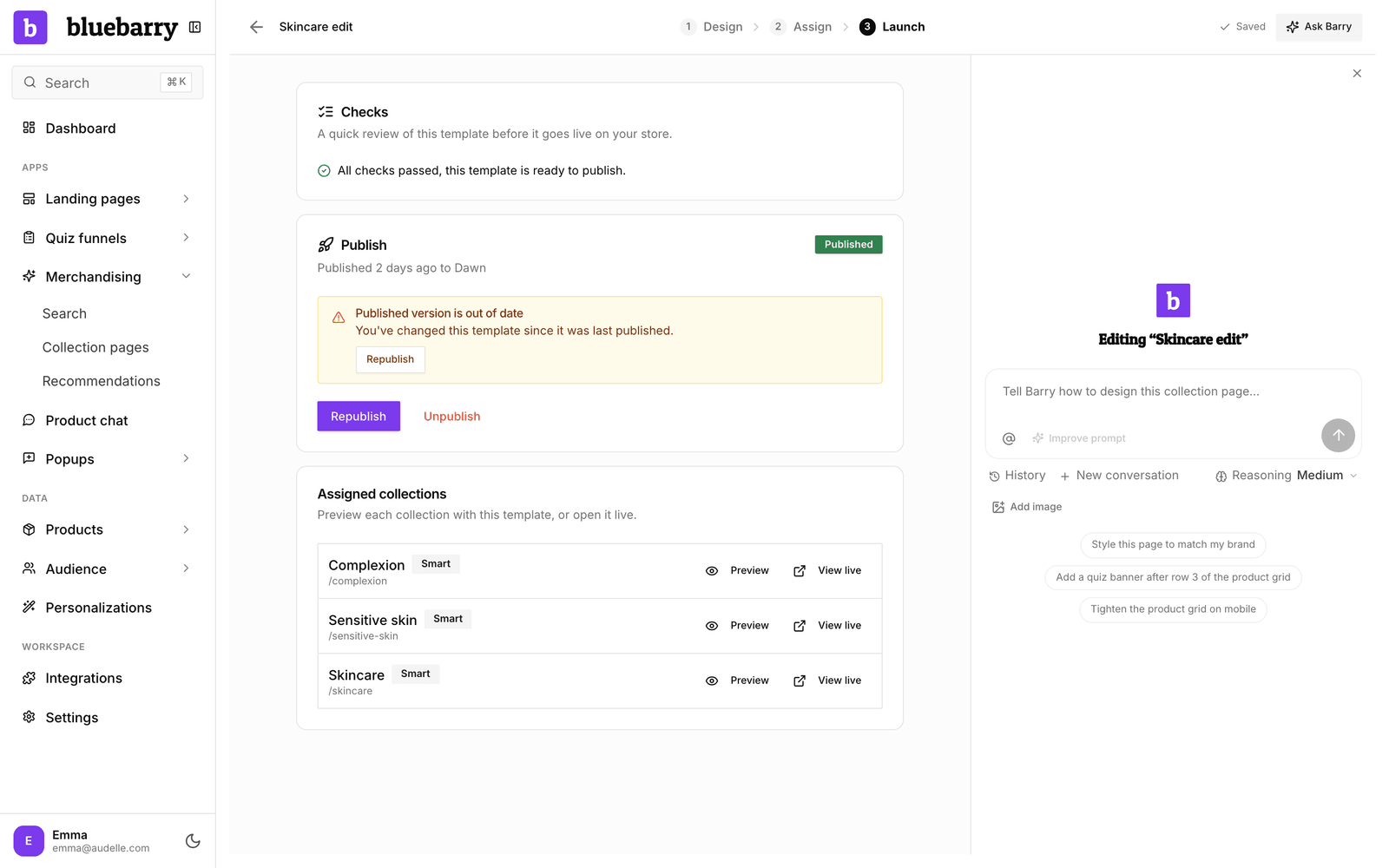 Der Tab Launch mit dem Hinweis Published version is out of date und seinem Button Republish