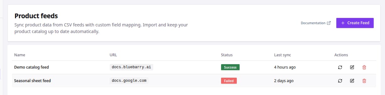 Product feeds table showing a feed with failed sync status.