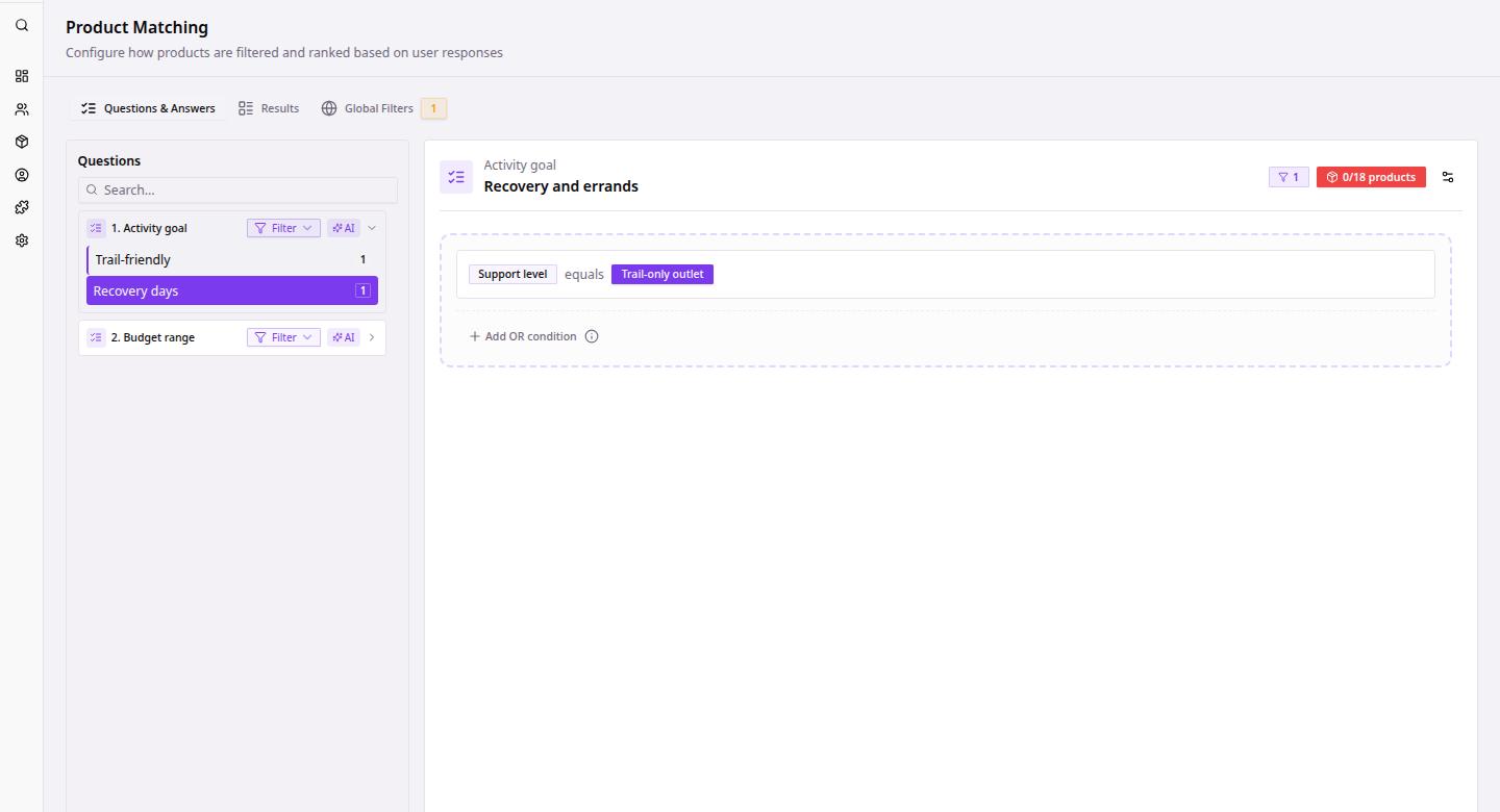 Match products workspace showing a filter with zero matching products.