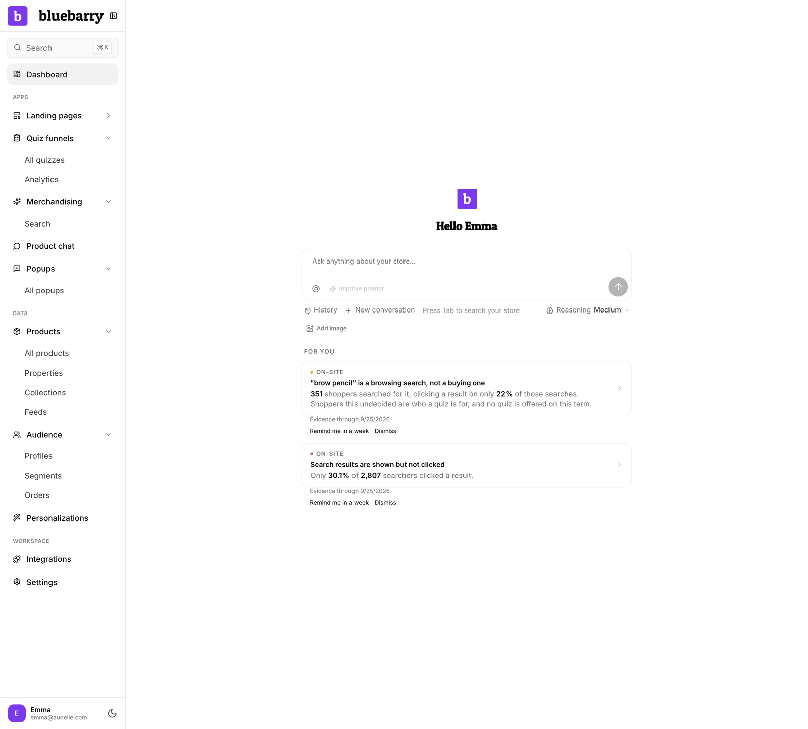 The bluebarry Studio sidebar with the Apps, Data and Workspace groups expanded