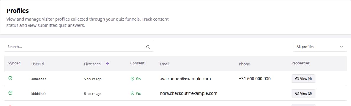 Profiles table showing a shopper email attached after checkout identification.