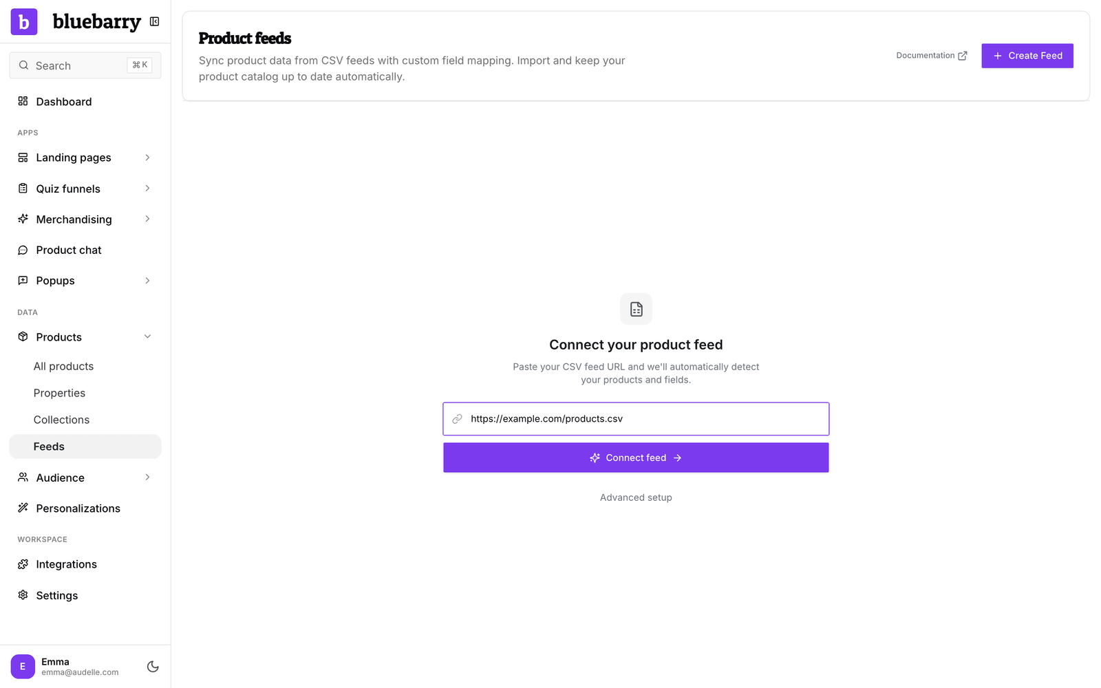 Het scherm Connect your product feed met een veld voor de feed-URL en de knop Connect feed
