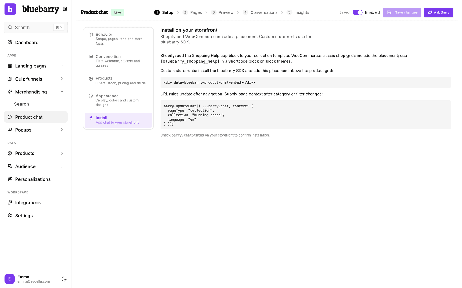 The Install section of product chat setup, with instructions for Shopify, WooCommerce and custom storefronts