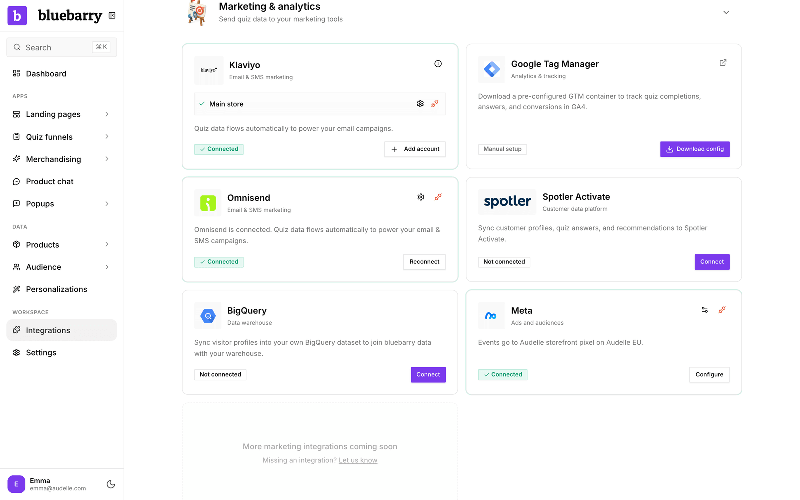 Onderdeel Marketing & analytics met de kaarten Klaviyo, Omnisend, Spotler Activate, BigQuery, Meta en Google Tag Manager