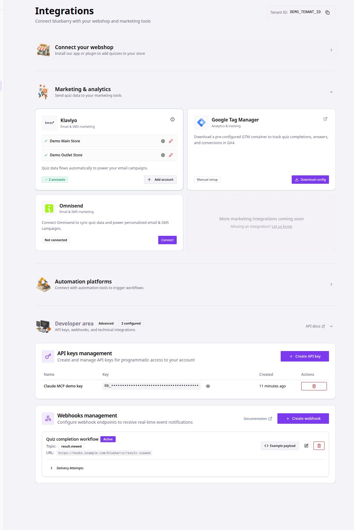 Integrations page with Klaviyo, webhooks, and developer options.