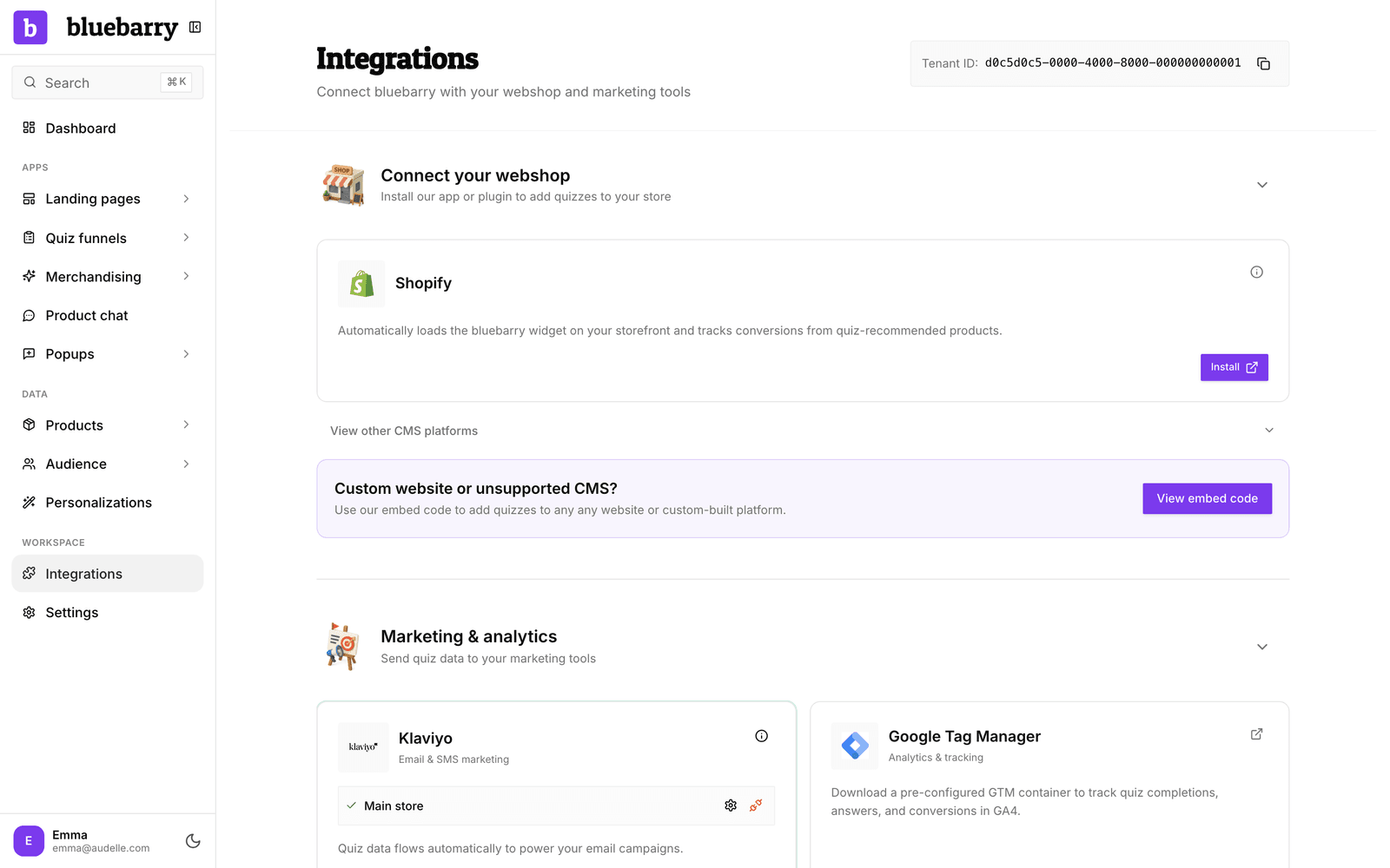 Pagina Integrations met de Tenant ID bovenaan en het onderdeel Connect your webshop
