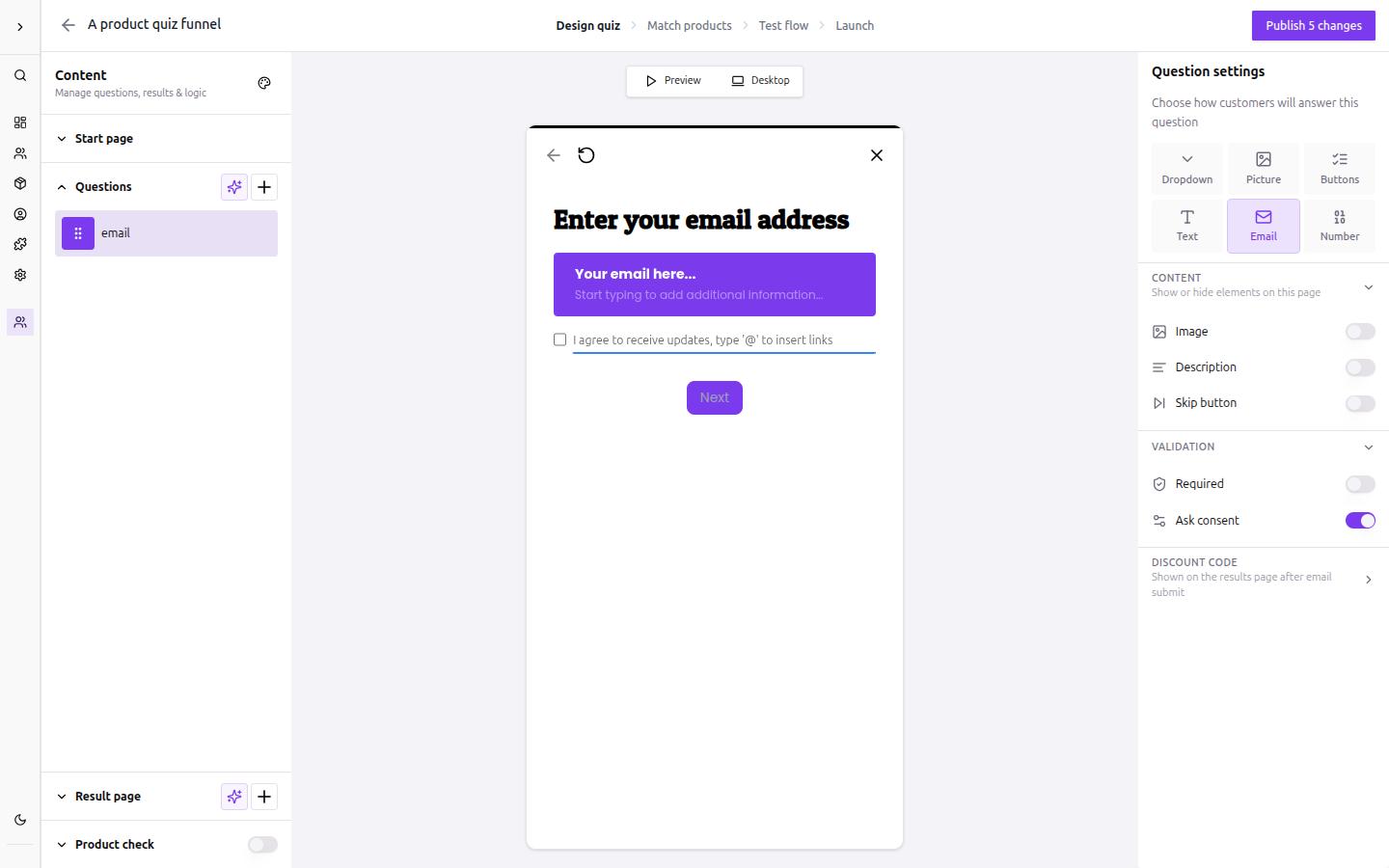 The consent text field active and editable in the quiz preview, shown with a blue underline