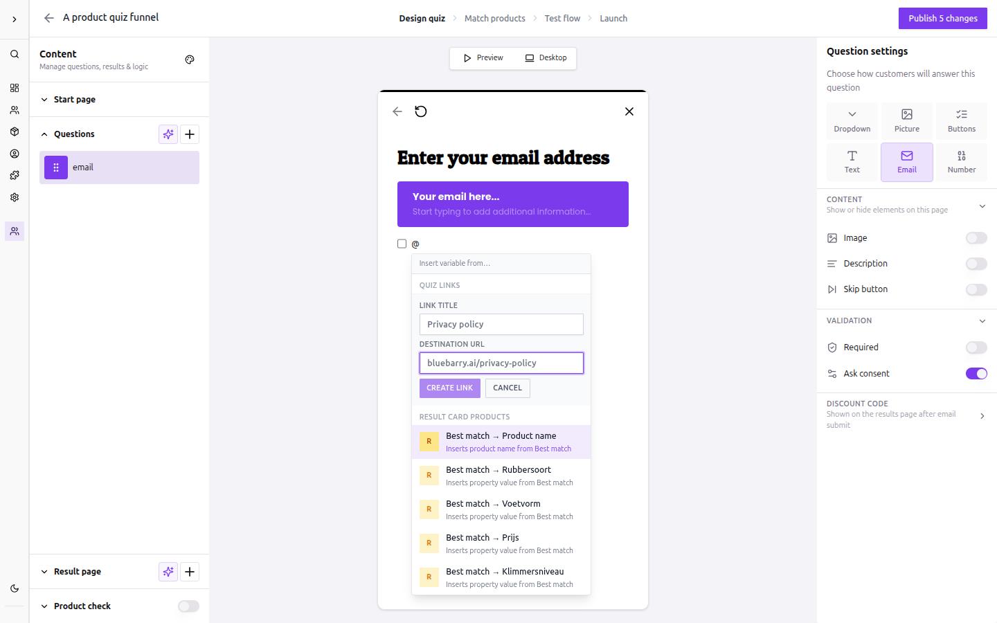 Create new link form inside the variable picker with Privacy policy as the title and bluebarry.ai/privacy-policy as the destination URL