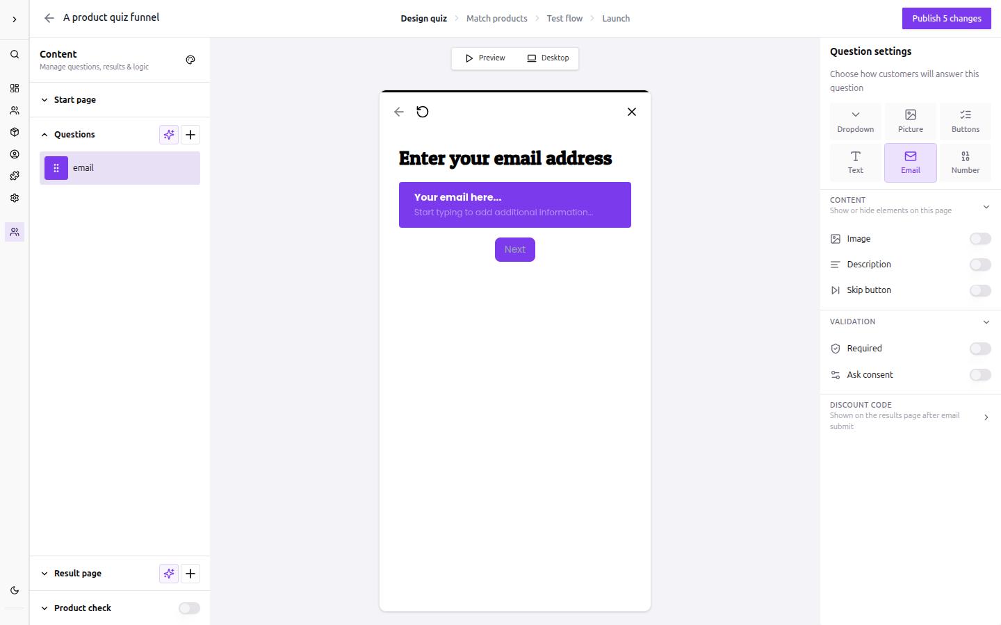 Quiz builder with the email question selected and the Email type highlighted in the Question settings panel