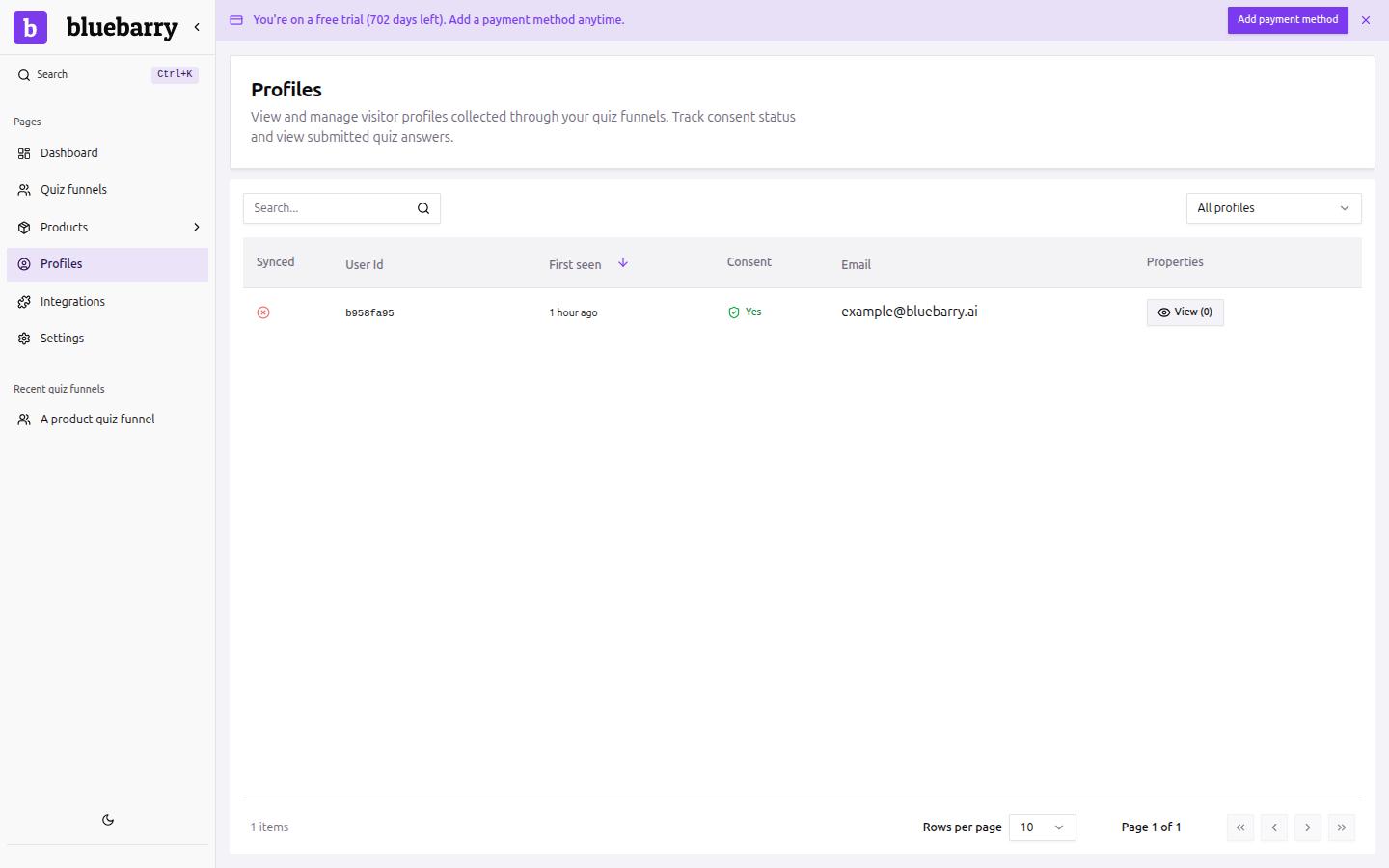 Profiles page in bluebarry showing the Synced indicator and Consent column for each visitor