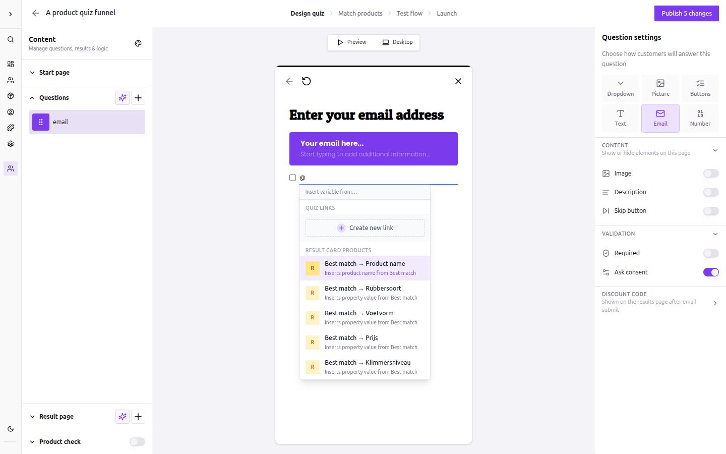 Variable picker dropdown showing the Quiz Links section with a Create new link option, and the Result Card Products section below