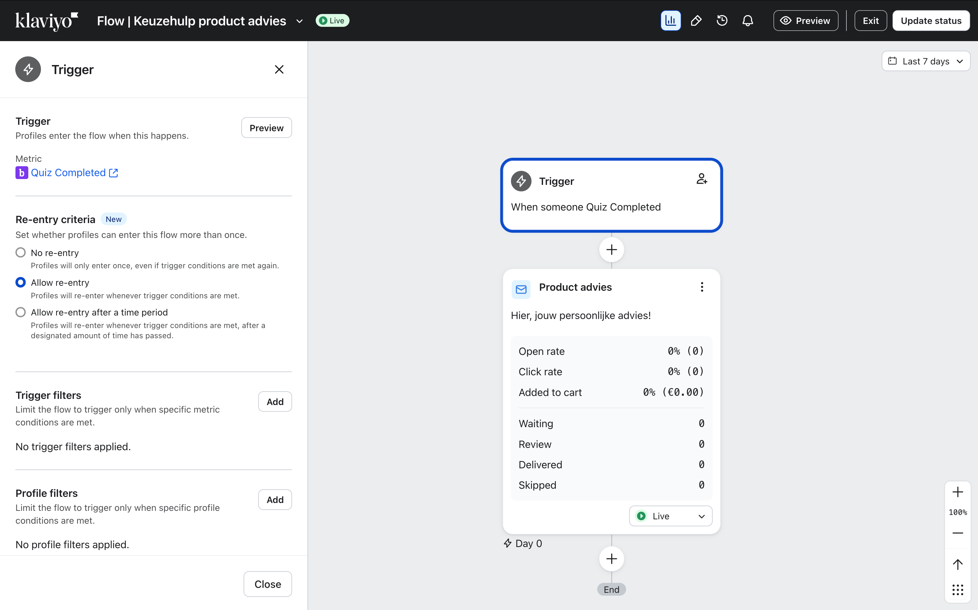 Klaviyo-flow met de metric Quiz Completed als trigger en een eerste e-mail