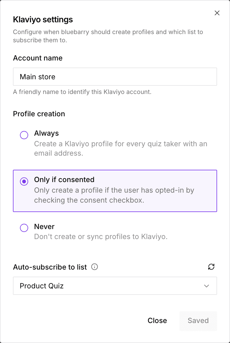 Dialoogvenster Klaviyo settings met Account name, de opties voor Profile creation (Always, Only if consented en Never) en Auto-subscribe to list