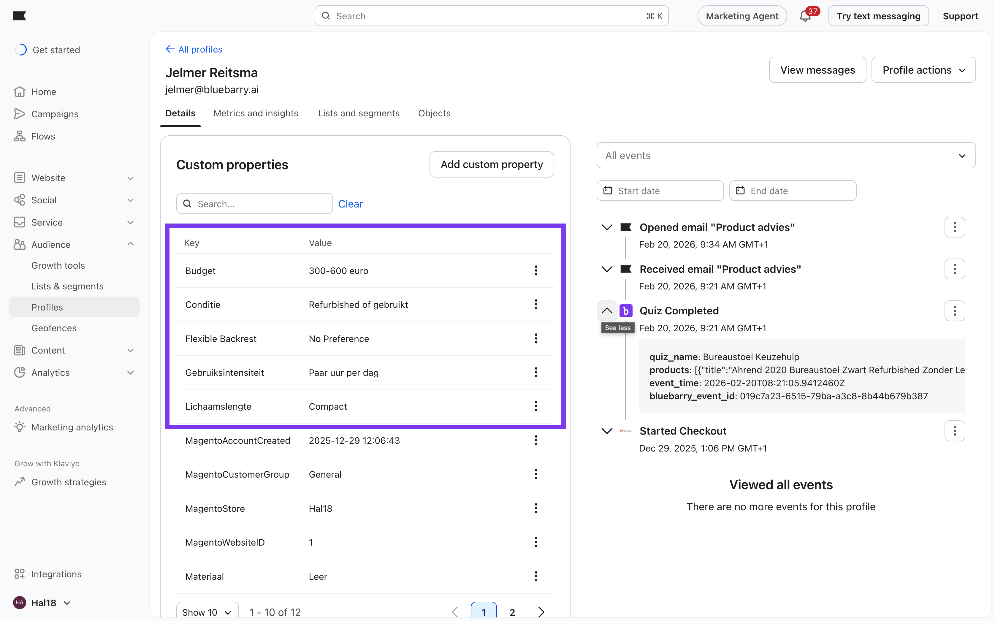 Klaviyo-profiel met quizantwoorden als custom properties en een uitgeklapt Quiz Completed-event