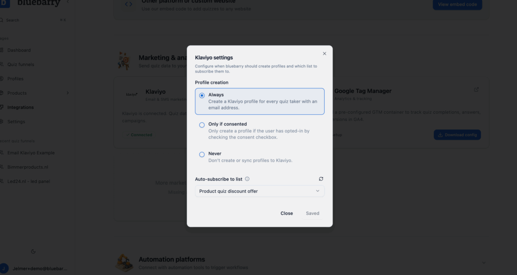 Klaviyo integration settings dialog in bluebarry with the Only if consented option highlighted