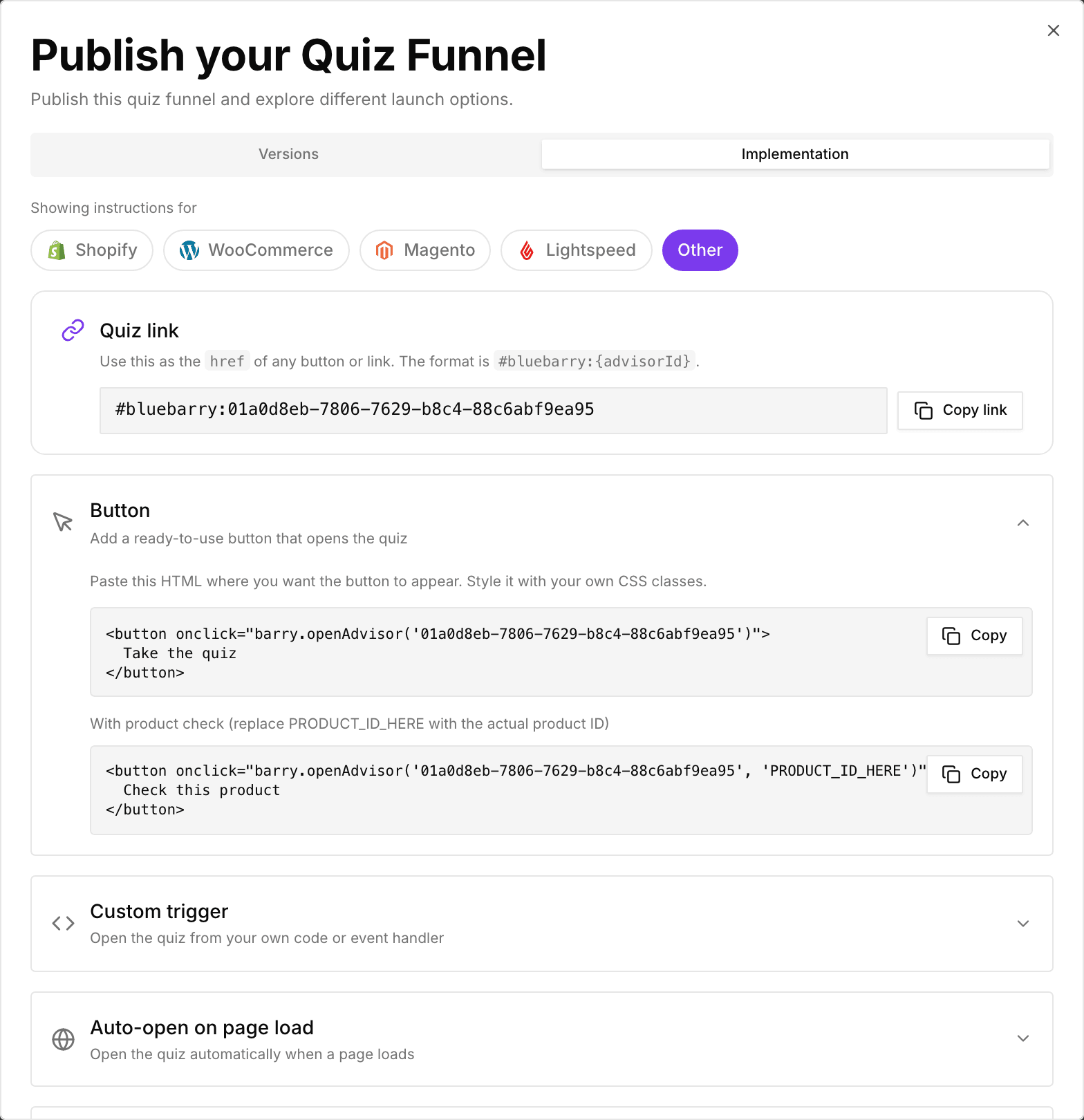 De Implementation-tab met de Quiz link en de knop Copy link, en het onderdeel Button opengeklapt
