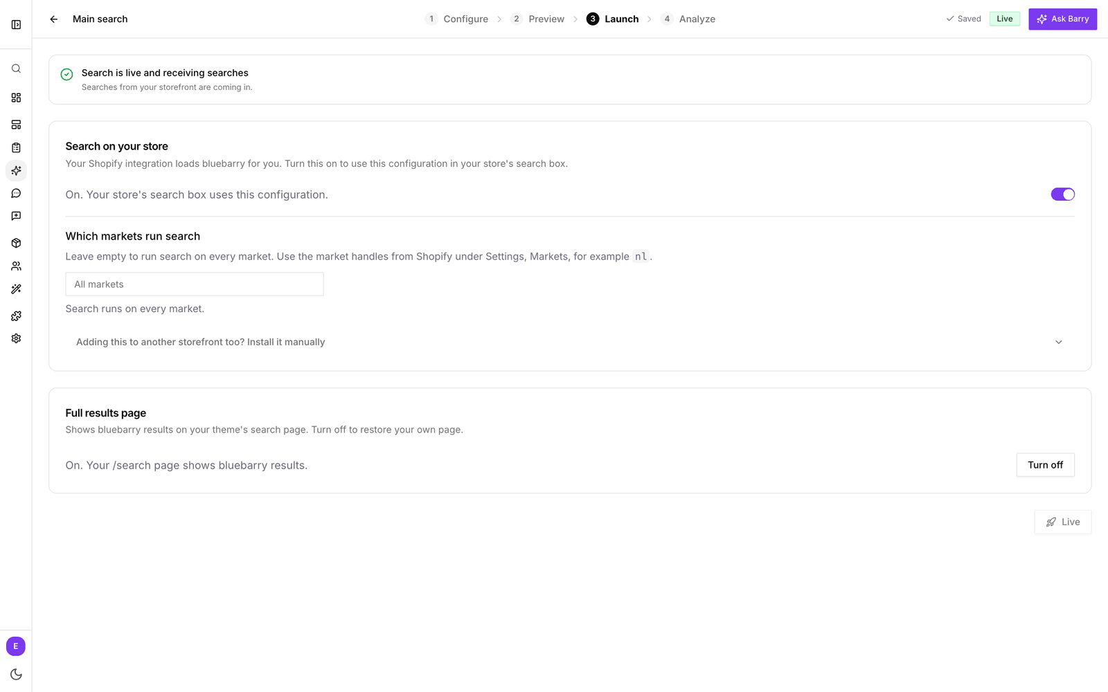 The Launch step for a Shopify store with search switched on and the full results page turned on