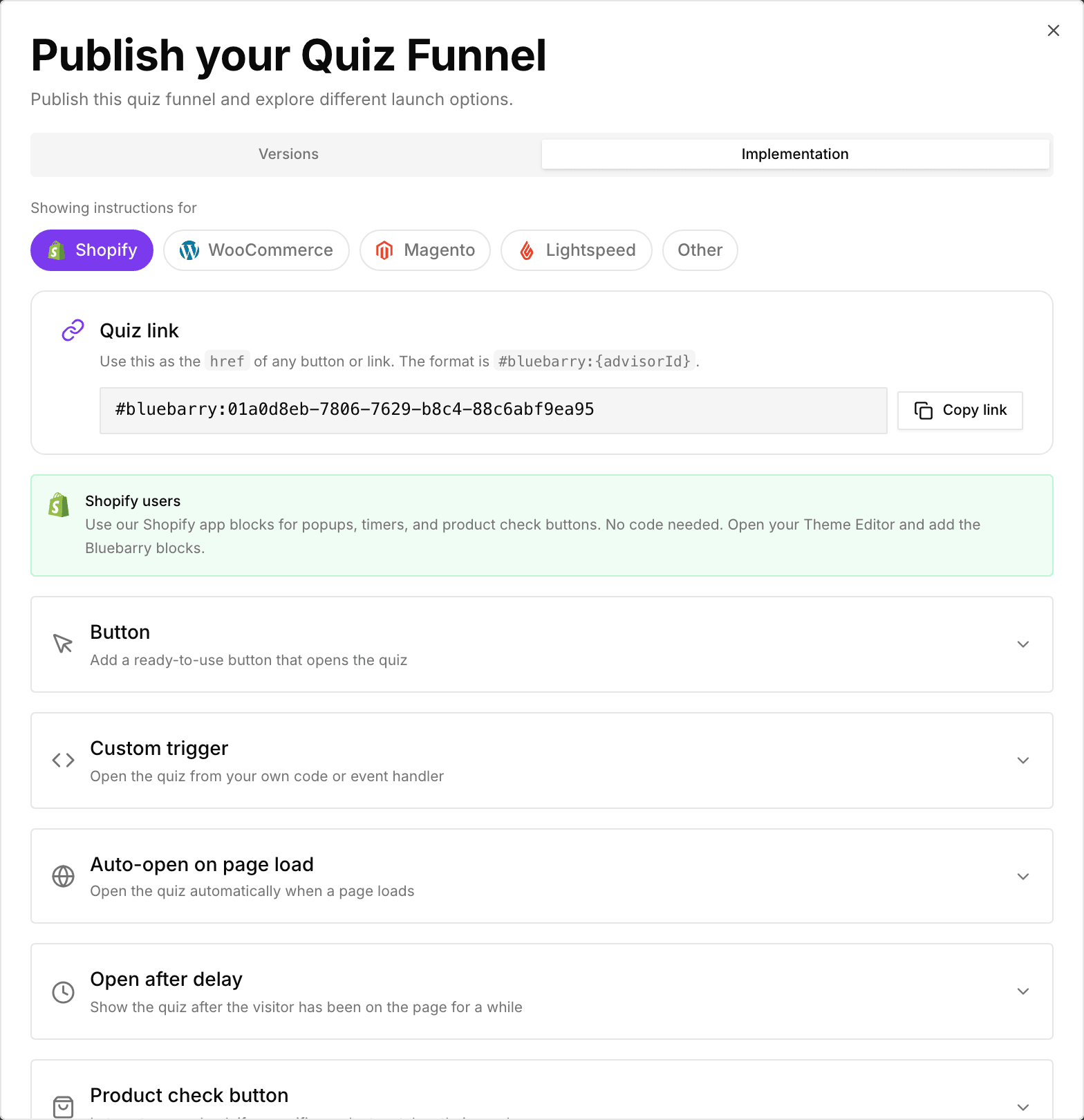 Publicatievenster op de Implementation-tab met Shopify geselecteerd en de kaart Quiz link met de knop Copy link