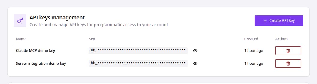 API keys management table with masked keys and create action.