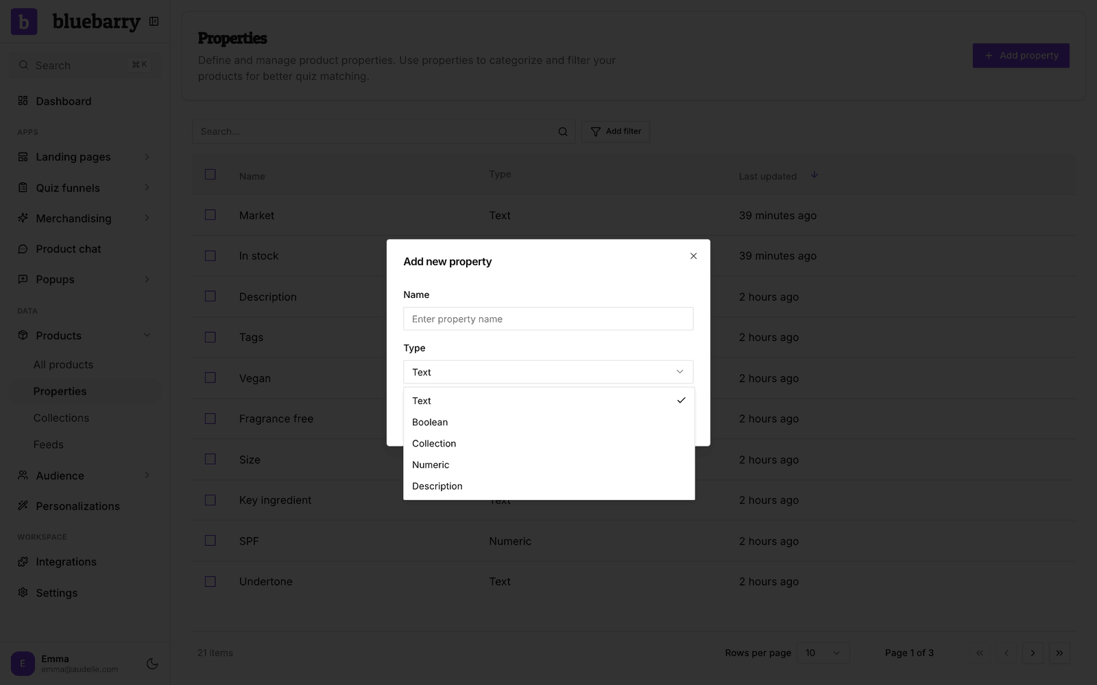 Het venster Add new property met de lijst Type open, met daarin Text, Boolean, Collection, Numeric en Description