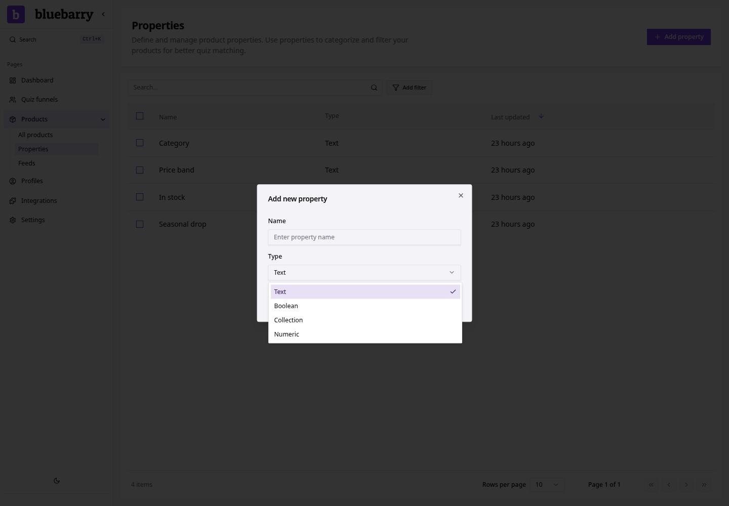 Product property dialog with name and type controls.