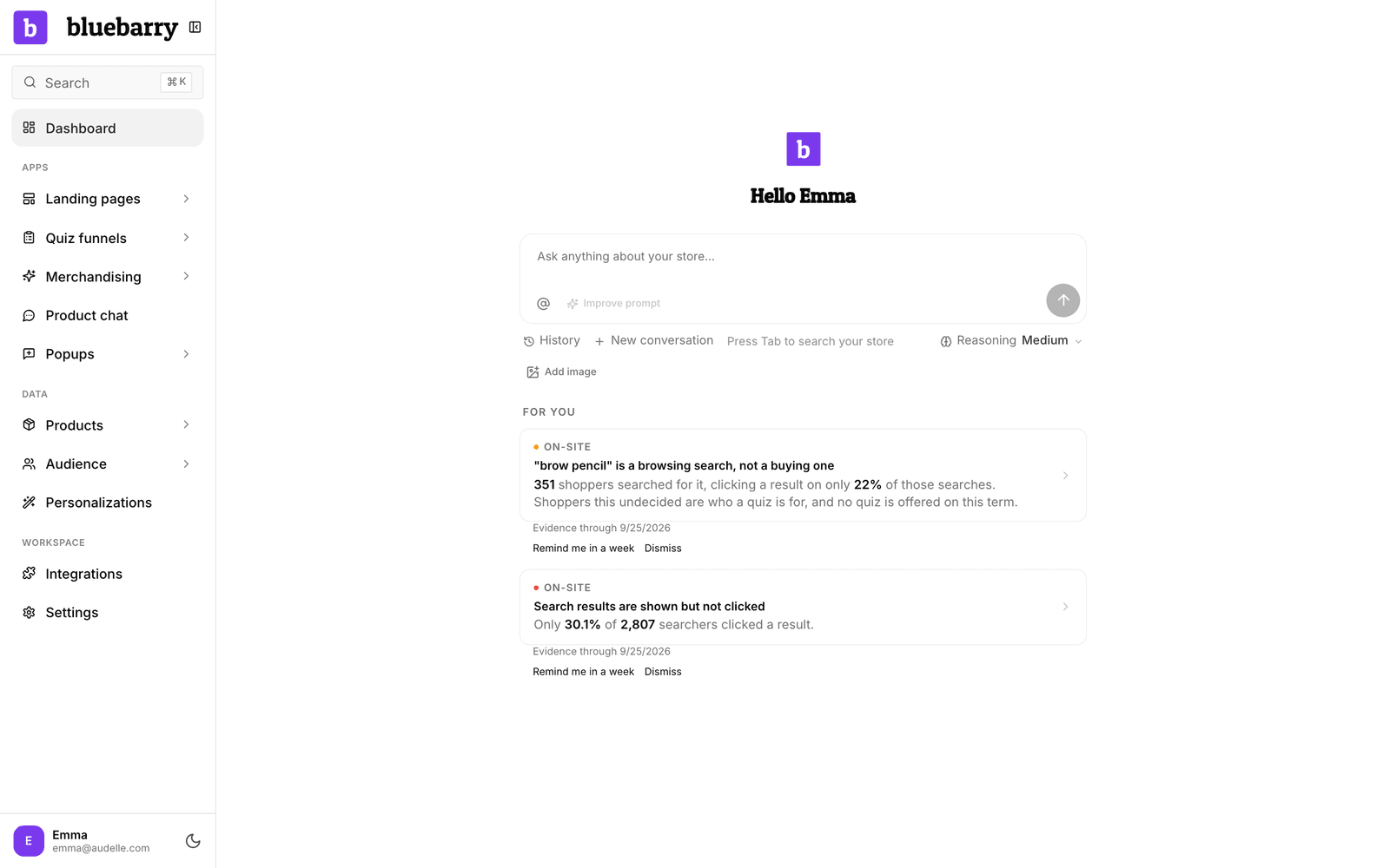 The Dashboard with Barry's prompt box and three For you findings below it