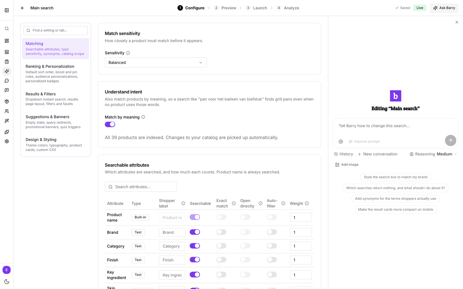 A search configuration with the Ask Barry panel open on the right, showing suggestions such as Add synonyms for the terms shoppers actually use