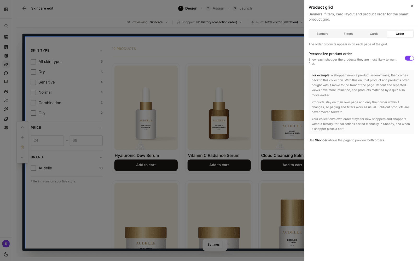 The Order tab of the Product grid panel with Personalize product order switched on and the explanation below it