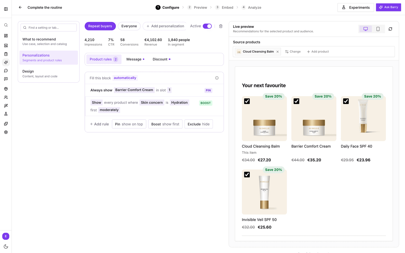 Der Bereich Personalizations eines Empfehlungsblocks mit ausgewähltem Tab Repeat buyers, geöffnetem Tab Product rules und zwei Regeln in Satzform
