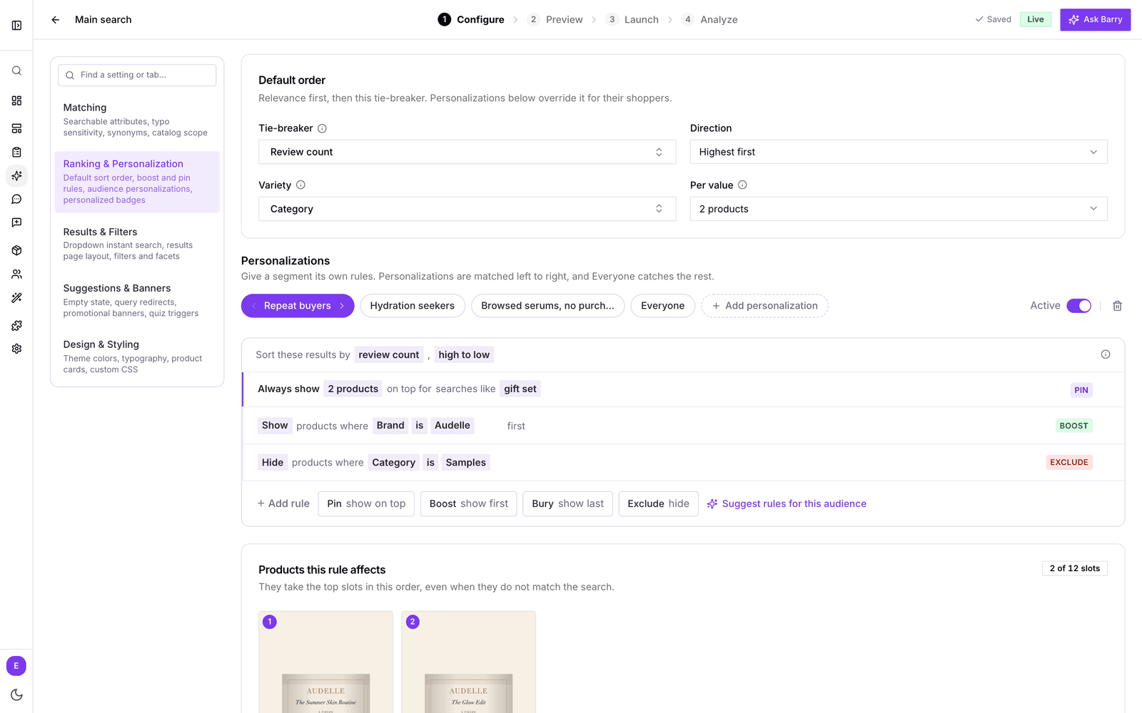 The Ranking & Personalization section with an Everyone tab, a segment tab and three rules written as sentences